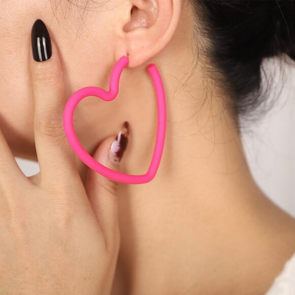 Neon pink lightweight sterling silver hoop earrings with heart pendant, retro st - Picture 2 of 6